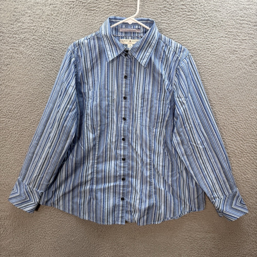Vintage Tommy Hilfiger Shirt Womens 18 Blue Striped Casual Button Front Y2K